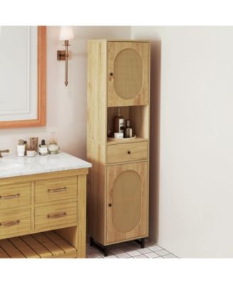 Bathroom Cabinet PE Rattan Floor Cabinet with 2 Doors