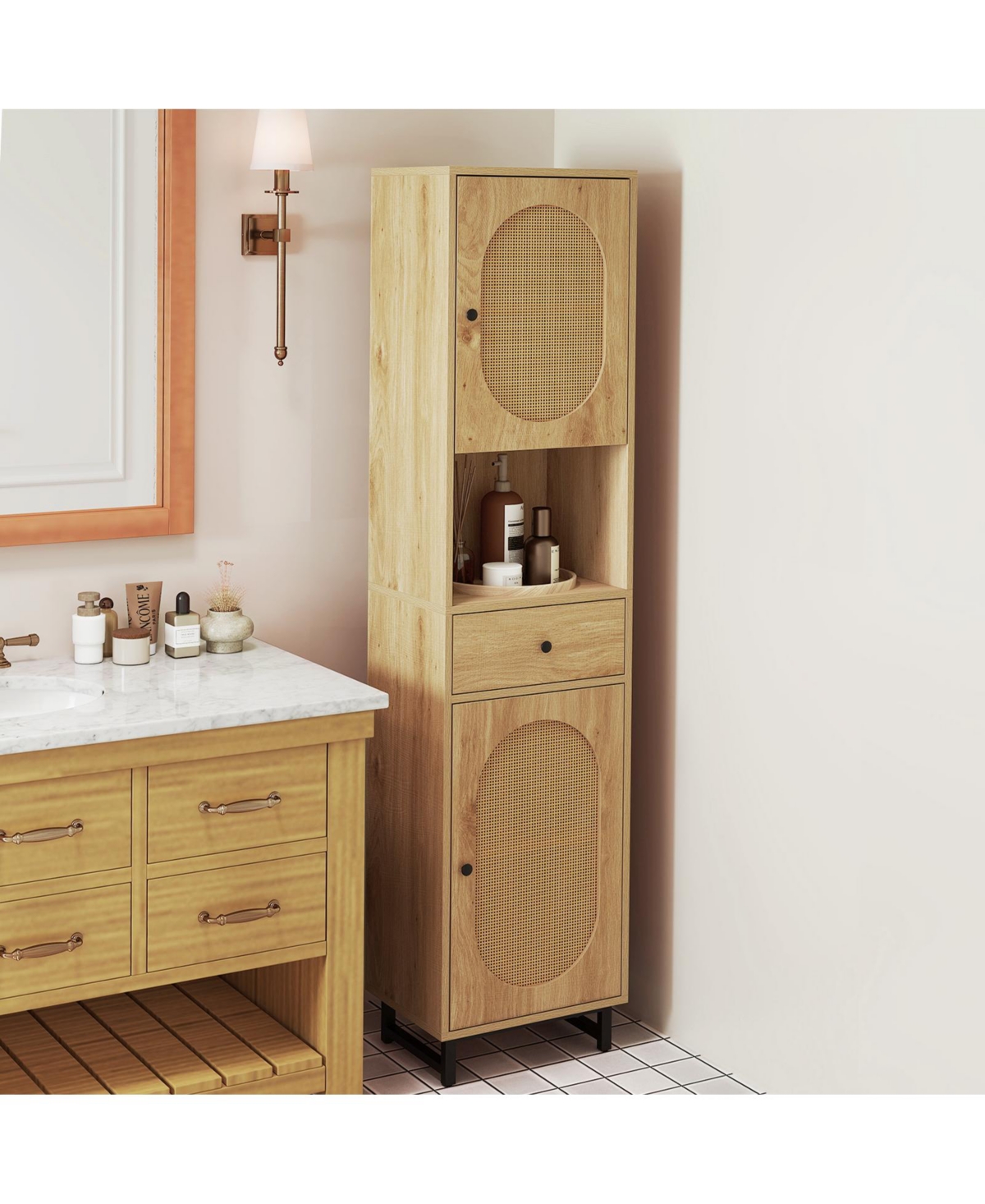 Slickblue Bathroom Cabinet Pe Rattan Floor Cabinet with 2 Doors
