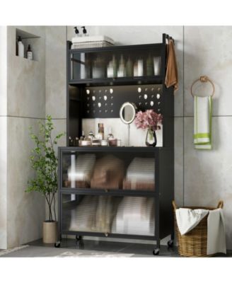 5 Tier Kitchen Bakers Rack with Lights Multifunctional Microwave Stand with Flip Door Cabinets