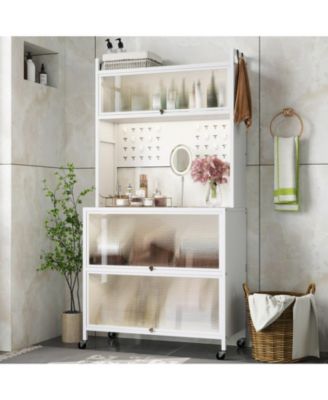 5 Tier Kitchen Bakers Rack with Lights Multifunctional Microwave Stand with Flip Door Cabinets