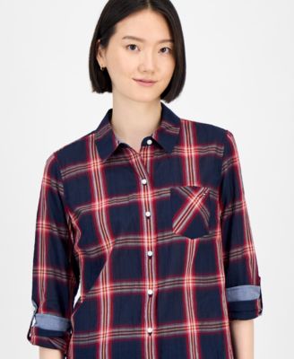 Women's Crinkled Plaid Button-Front Shirt