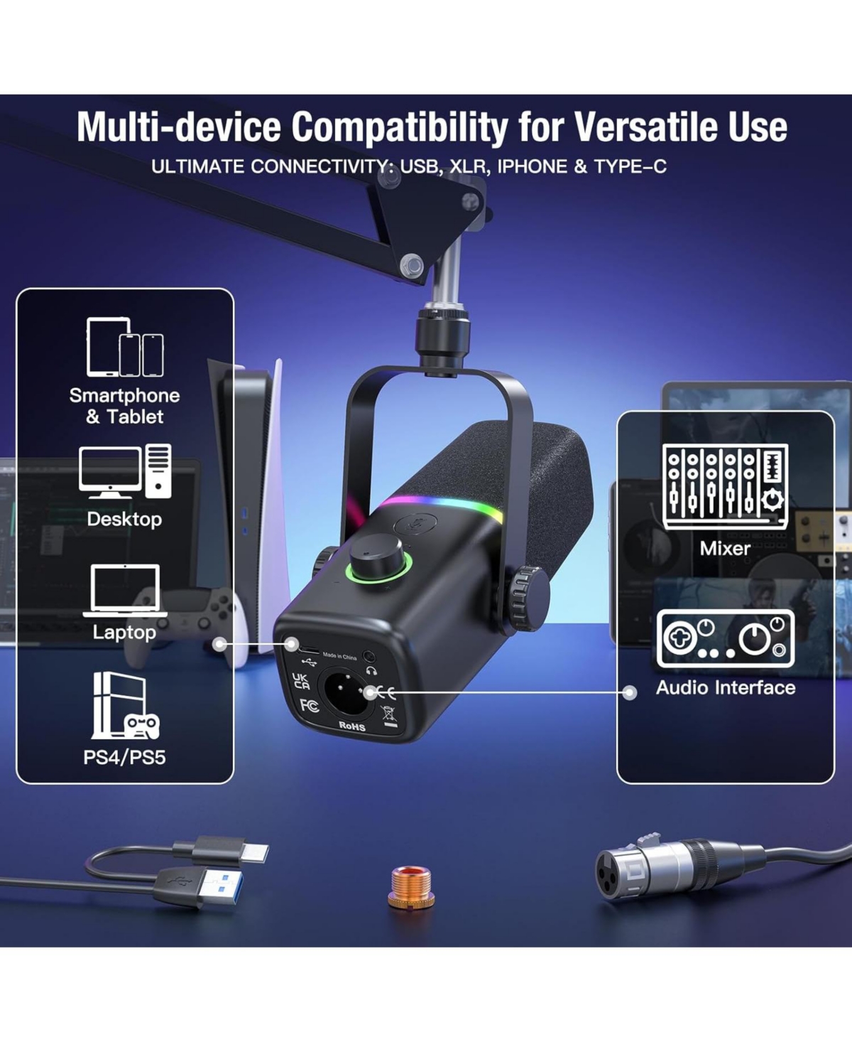 ZealSound Xlr/Usb Dynamic Microphone for Gaming, Podcast, Rgb Light, Mute, Mic Gain, Headphones Jack, Boom Arm Stand for iPhone, Pc, YouTube