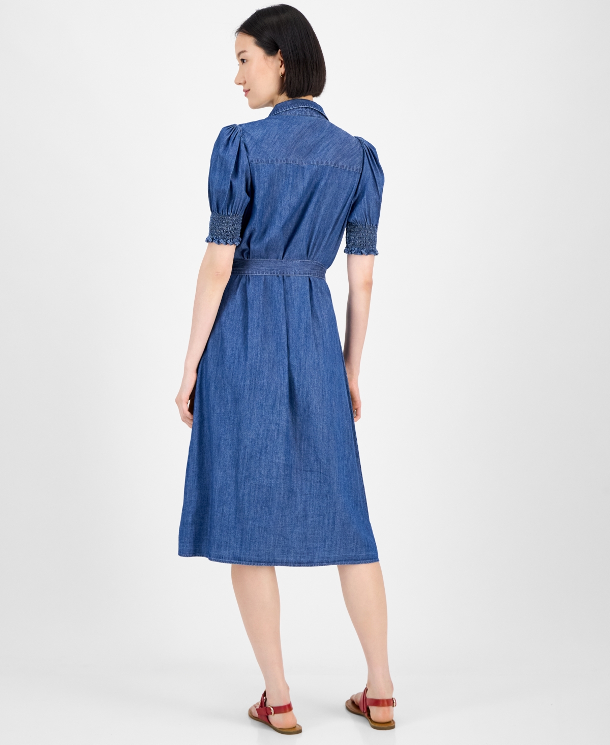 Tommy Hilfiger Women's Chambray Puff-sleeve Midi Dress In Blue