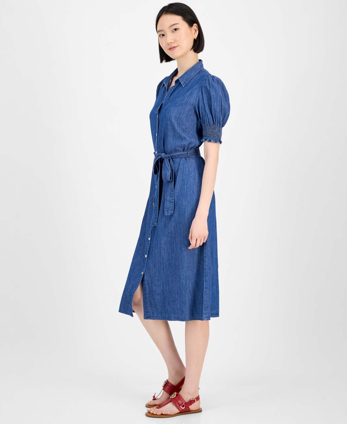 Tommy Hilfiger Women's Chambray Puff-sleeve Midi Dress In Blue