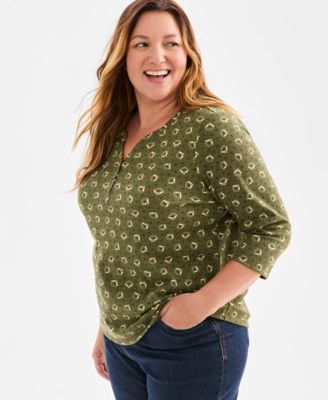 Style & Co - Plus Size Printed 3/4-Sleeve Henley Top