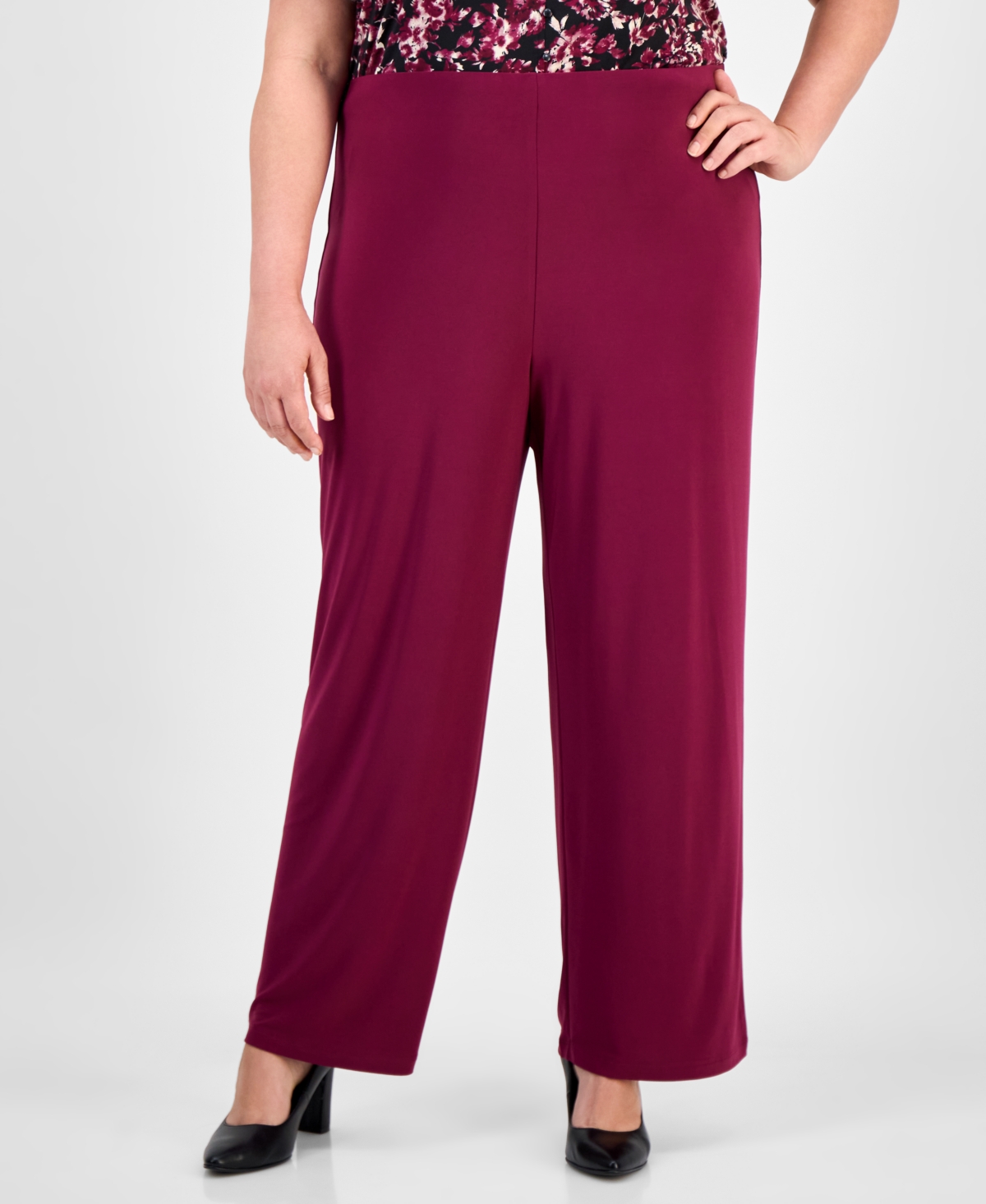 Ak Anne Klein Plus Size Wide-leg Pull-on Pants In Burgundy