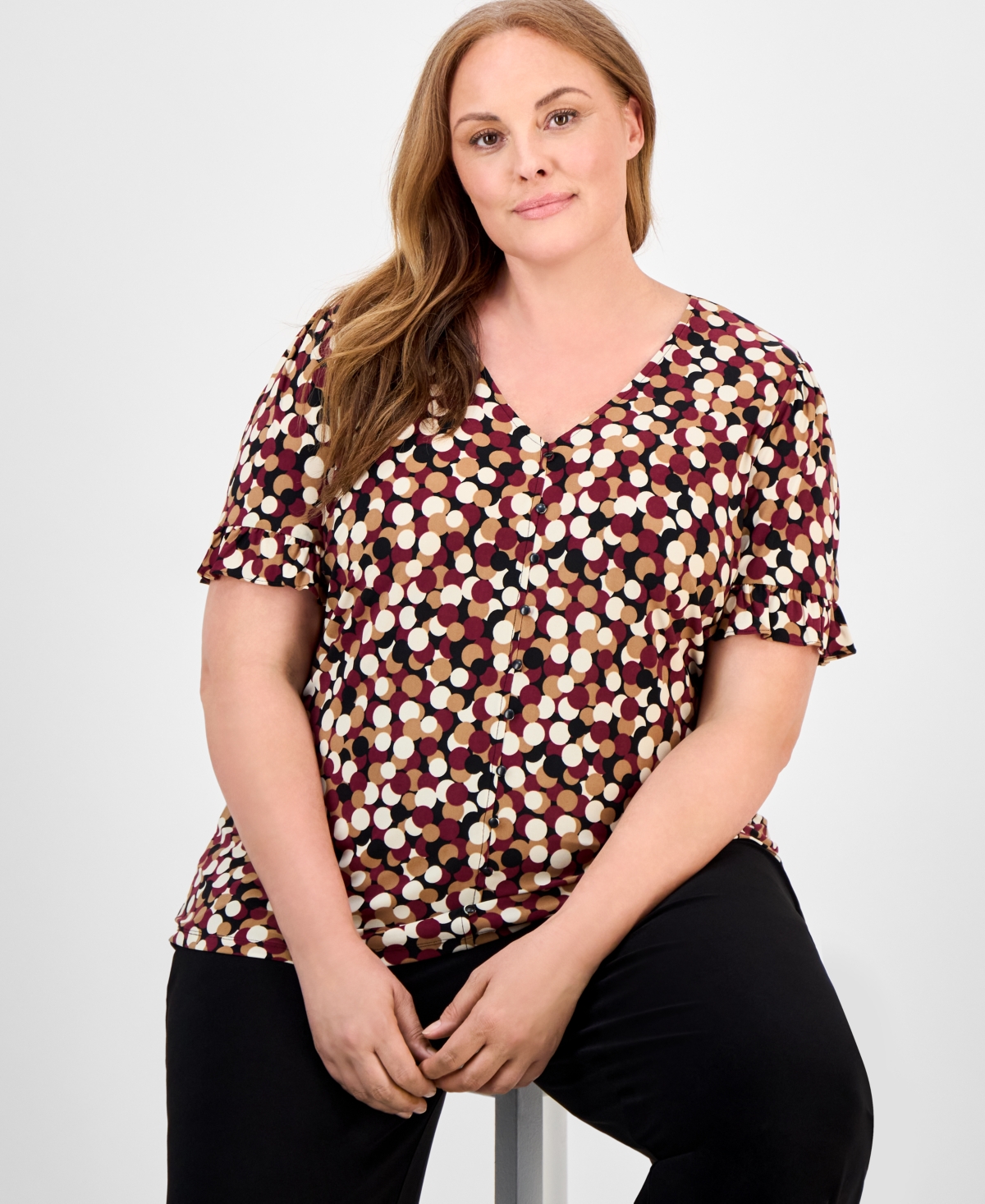 Ak Anne Klein Plus Size Dot-print Short-sleeve Button-up Top