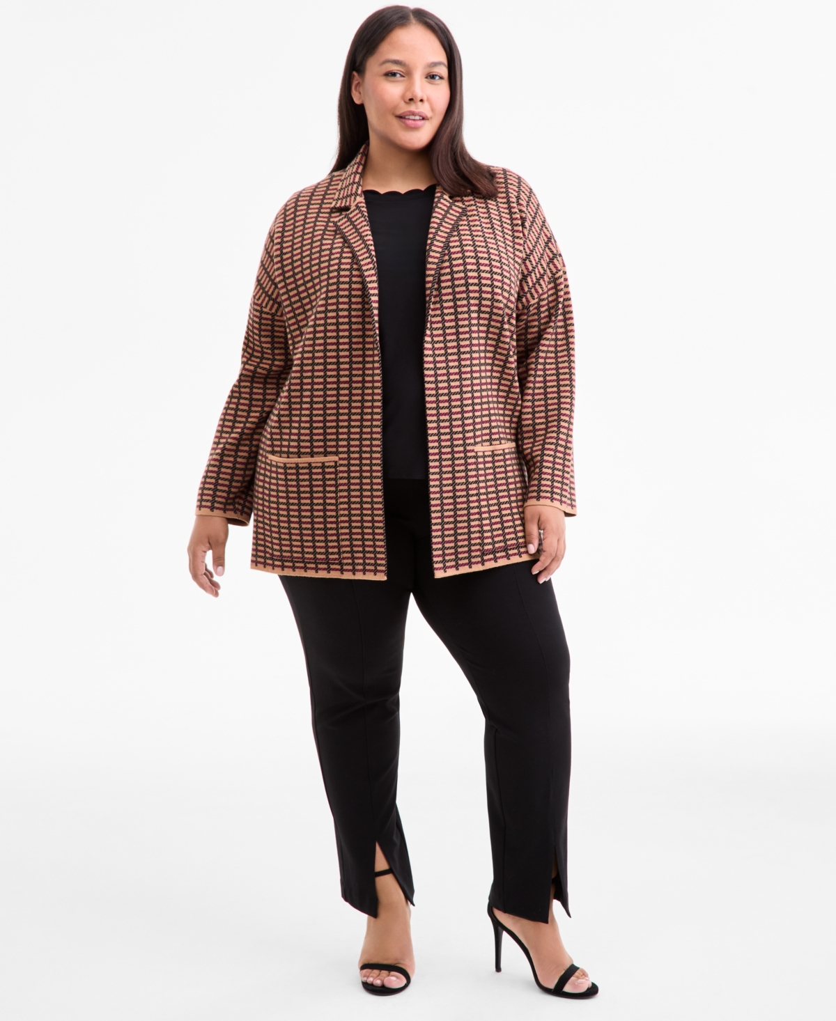 Ak Anne Klein Womens Check Open Front Jacket P Xxs Xl In Multi