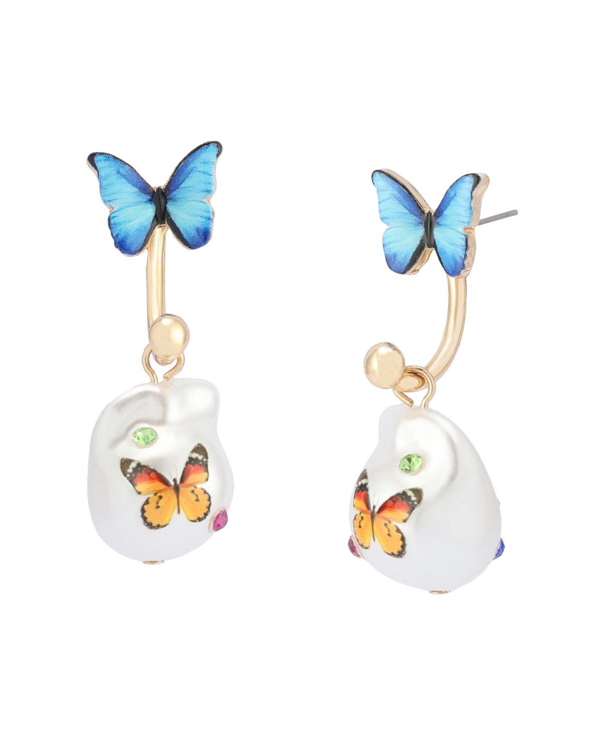 Faux Stone Backyard Butterfly Barbell Earrings - Blue, Gold