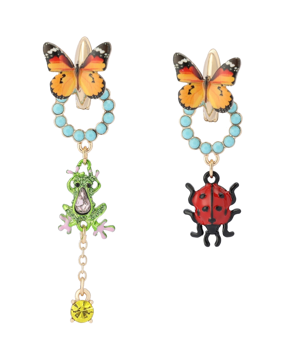 Faux Stone Backyard Butterfly Frog Mismatch Earrings - Multi, Gold
