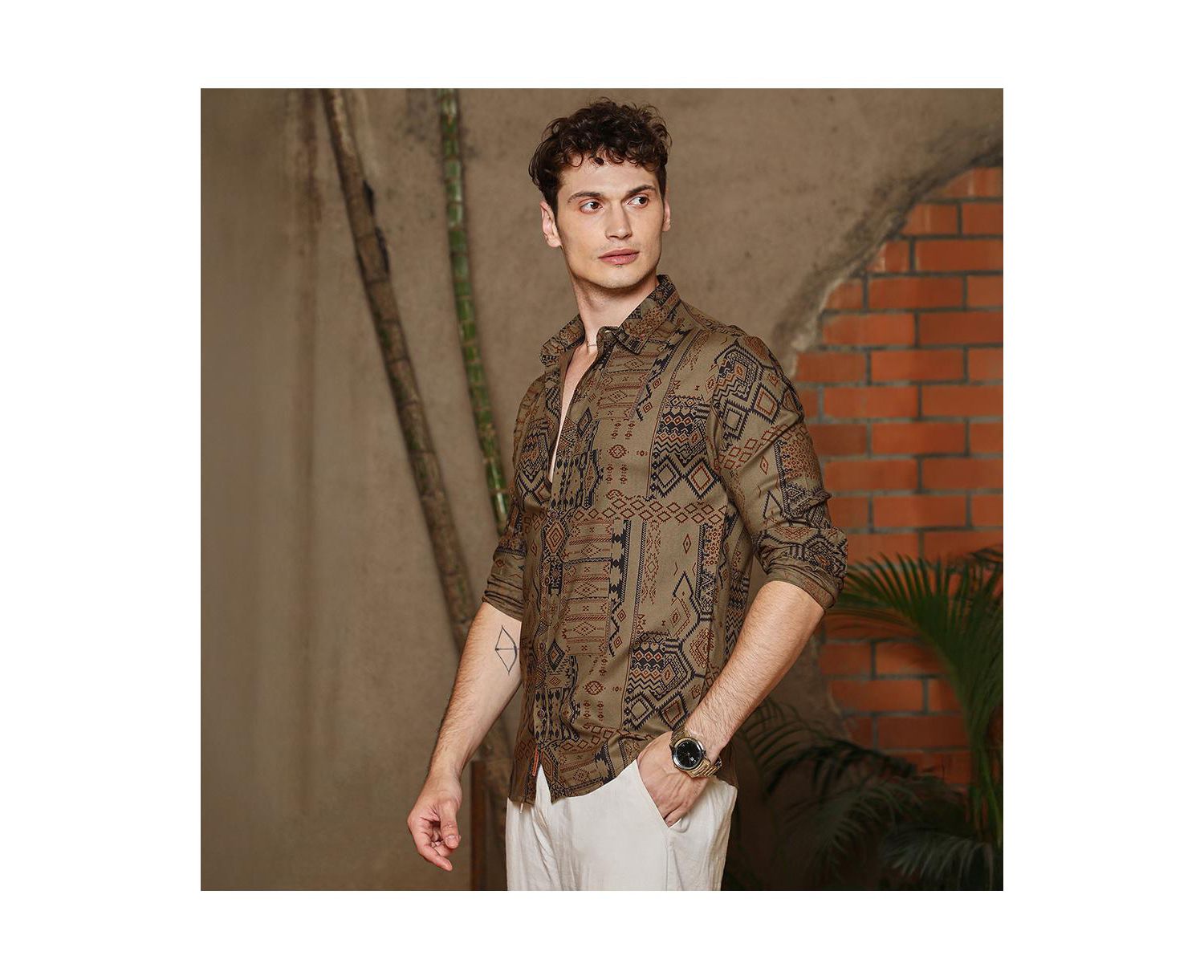 Men's Peanut Brown Aztec-Imprint Shirt