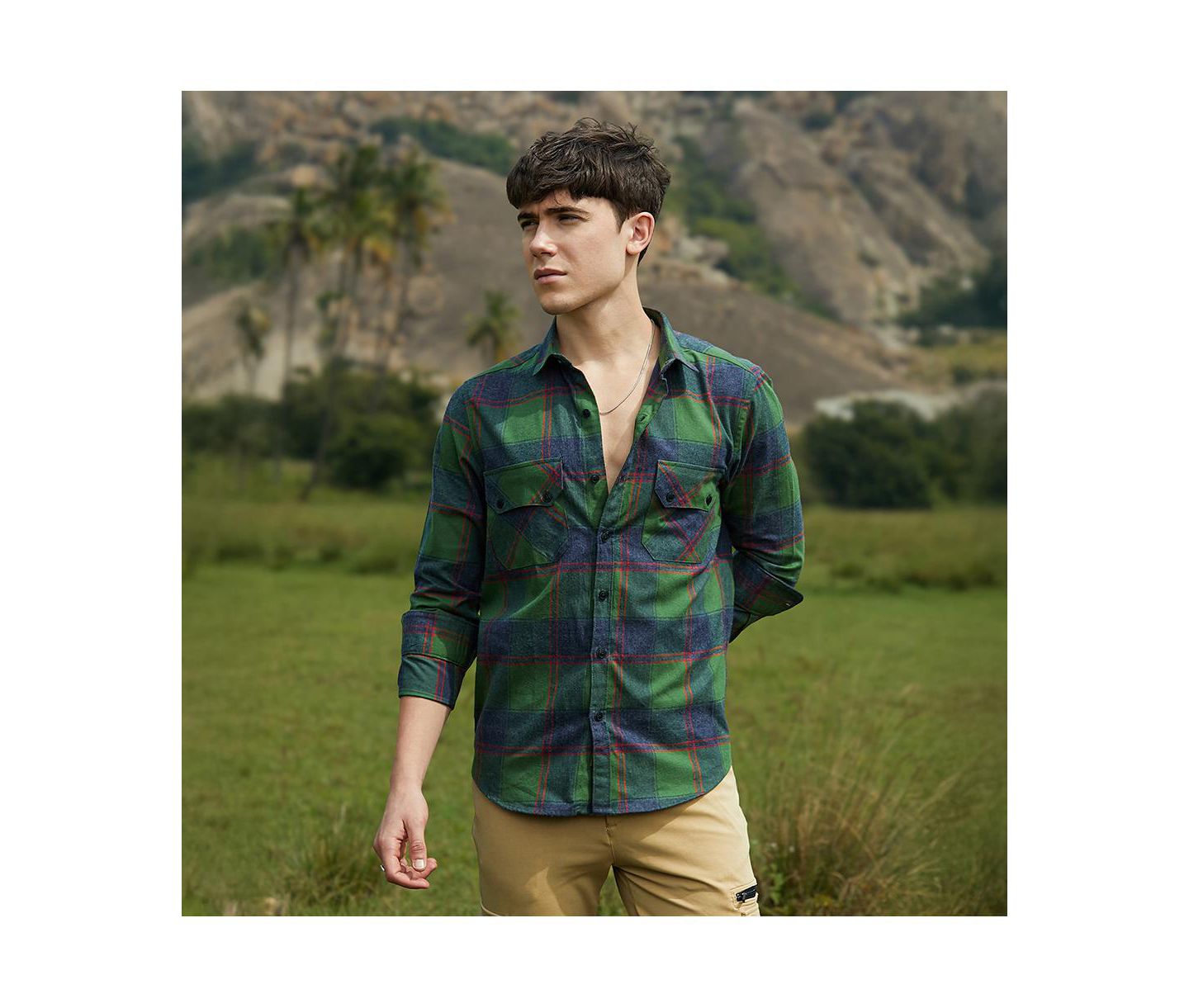 Мужская рубашка Cahoot Campus Sutra Forest Green & Indigo Blue Buffalo Check Utility, цвет: Зелёный — фото 5