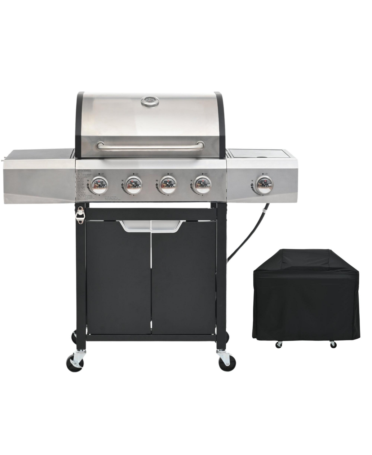 4 Burner 51,000 Btu Stainless Steel Barbecue Gas Grill with Side Burner and Cover - Black