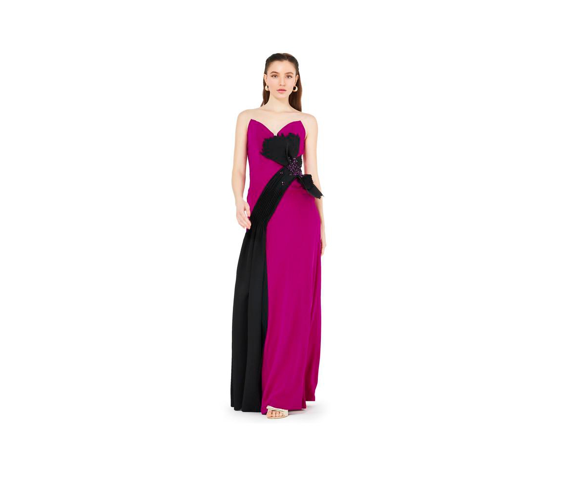 Women's Contrast Bow Detail Crepe Gown - Fuschia