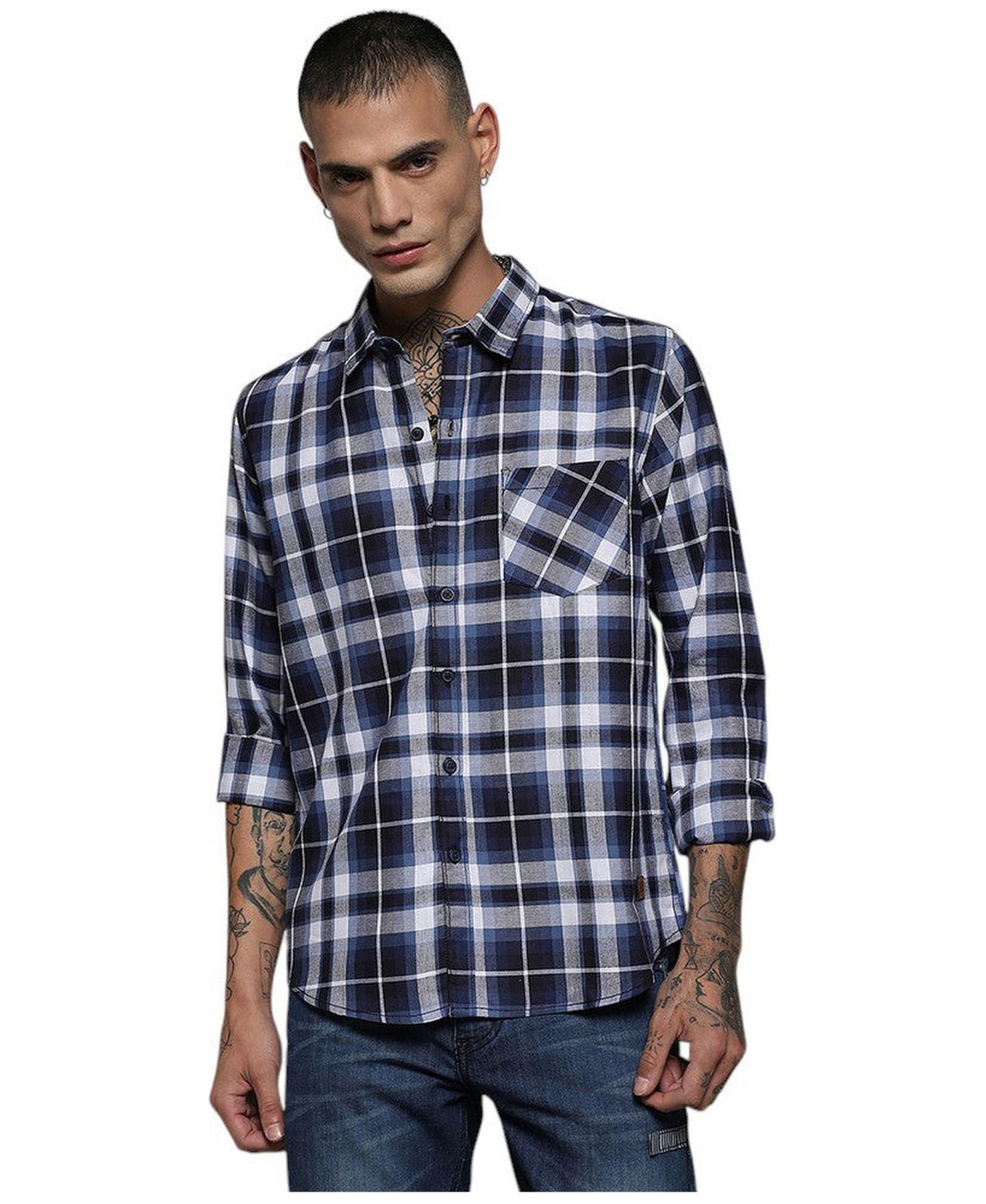 Мужская рубашка Cahoot Campus Sutra Navy Blue Tartan Plaid, цвет: Синий — фото 1