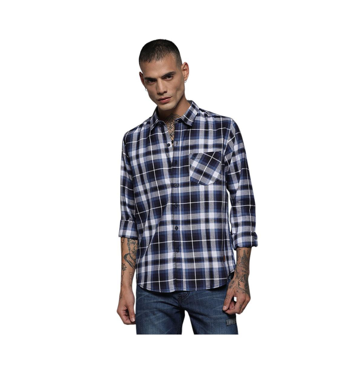 Men's Navy Blue Tartan Plaid Shirt - Blue