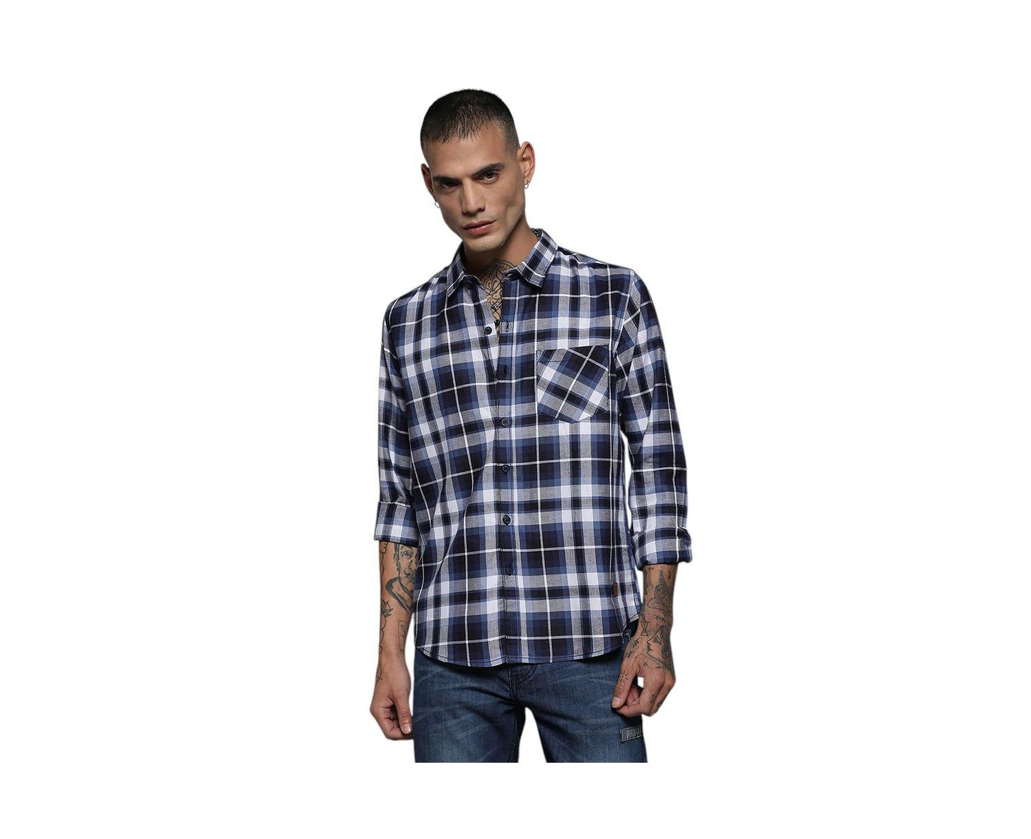 Men's Navy Blue Tartan Plaid Shirt