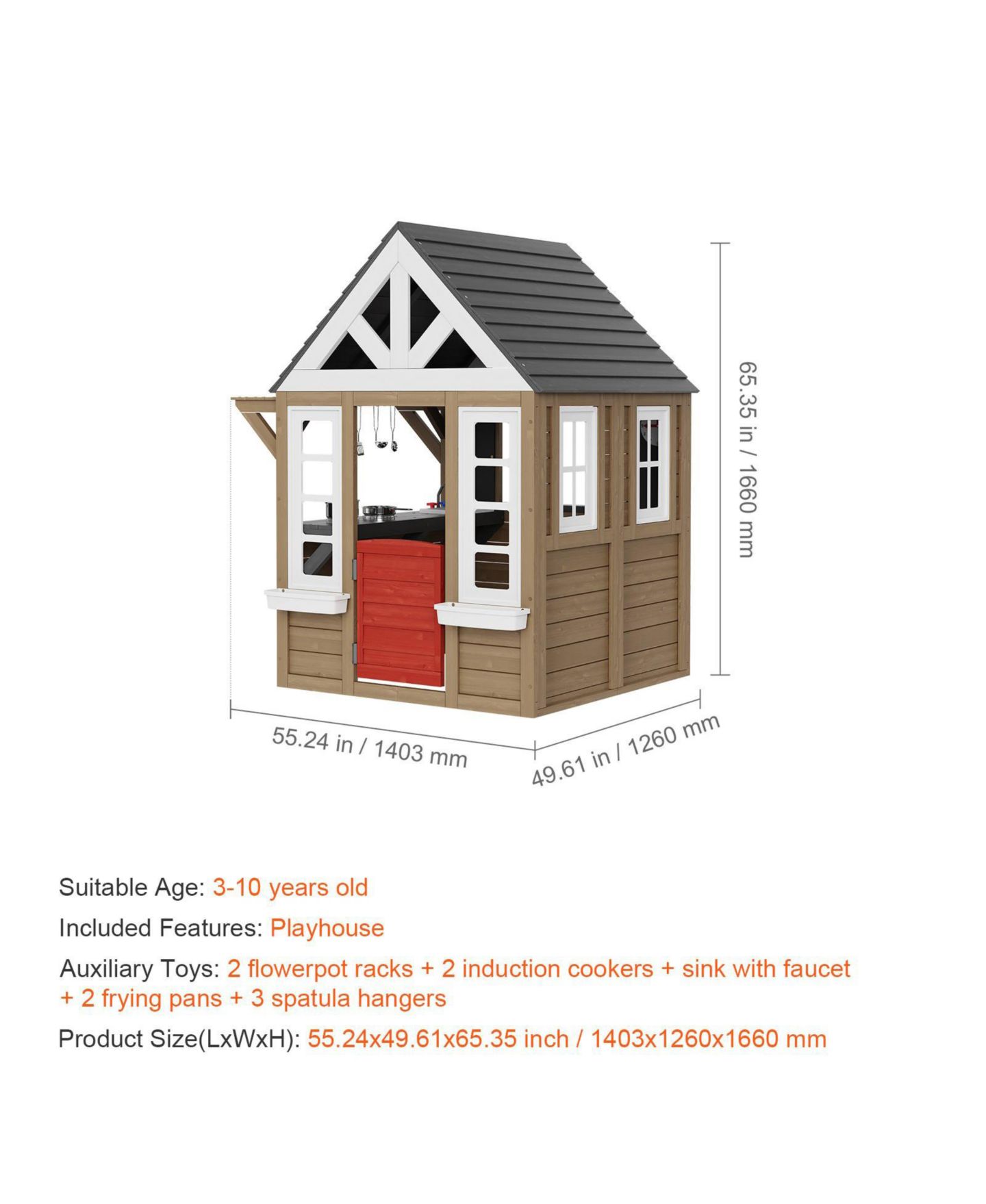 Детская игрушка Slickblue Kids Wooden Garden Cottage Playhouse with Door, Window and Sink, Ages 3+, цвет: Коричневый / Серый — фото 7