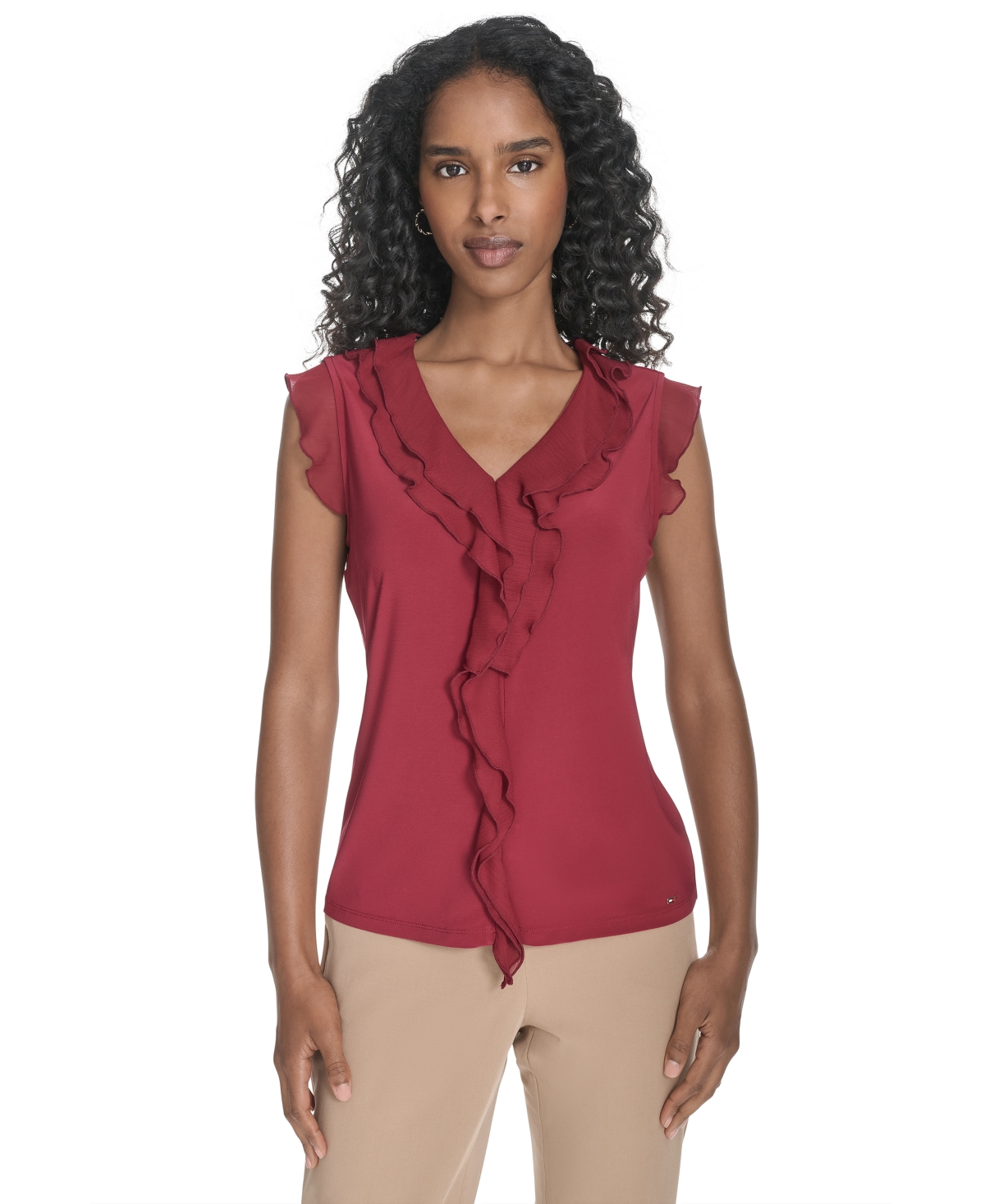 Women's Ruffled Mixed-Media Top - Crimson