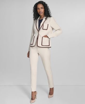 Womens Contrast Trim One Button Blazer Short Sleeve Crewneck Pocket T Shirt Mid Rise Slim Fit Ankle Pants