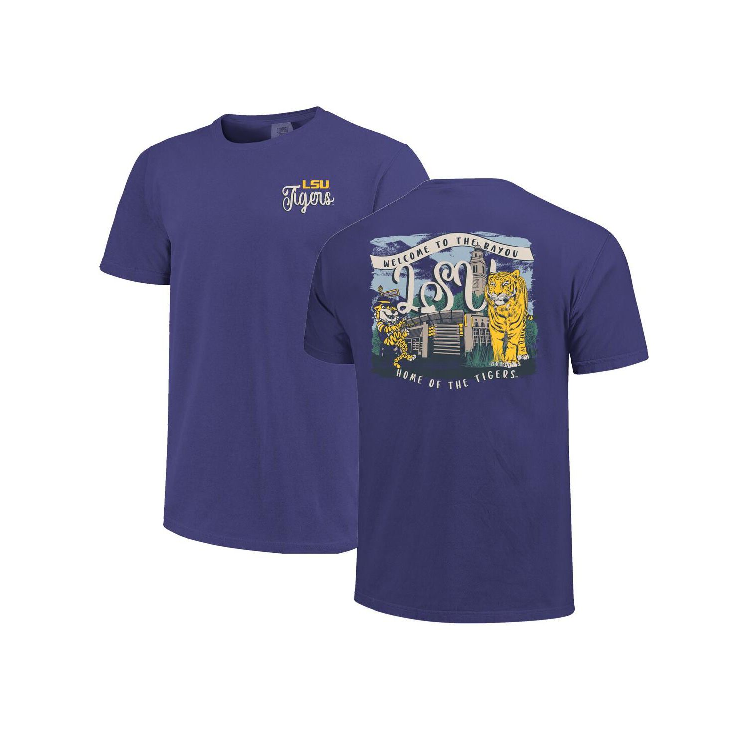 Women's Purple LSU Tigers Comfort Colors Campus Scene Drawing Script T-Shirt
