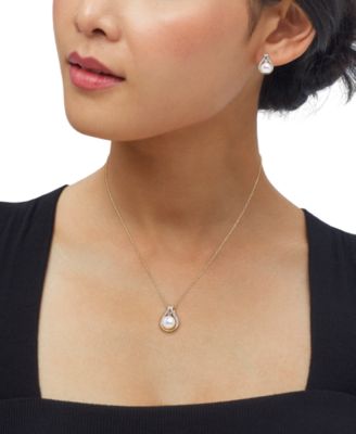 2-Pc. Set Cultured Freshwater Pearl (8 & 9mm) & Diamond Accent Halo Pendant Necklace & Matching Stud Earrings in 14k Gold-Plated Sterling Silver