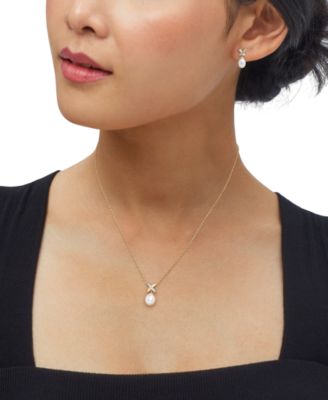 2-Pc. Set Cultured Freshwater Pearl (6 & 8mm) and Diamond Accent X Pendant Necklace & Matching Drop Earrings in 14k Gold-Plated Sterling Silver
