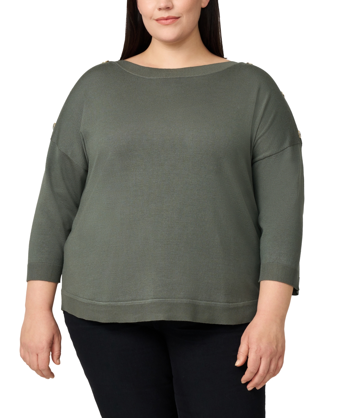 Melissa Paige Plus Size Button-trim Drop-shoulder Sweater In Green