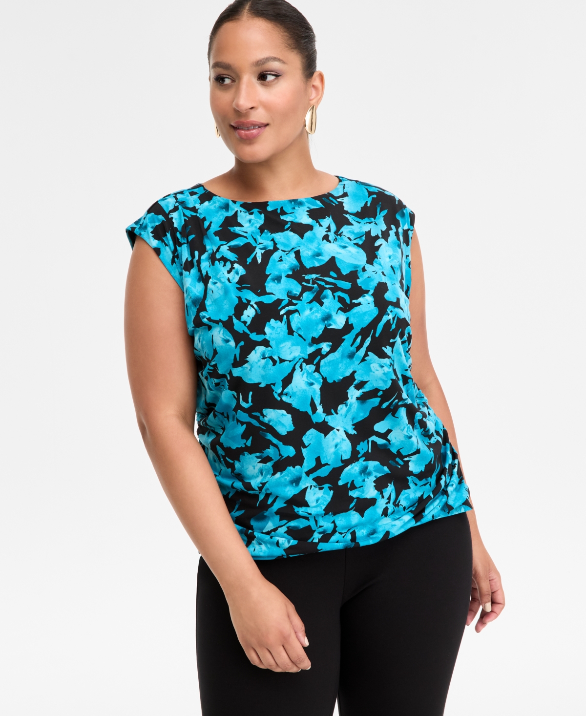 Inc International Concepts Plus Size Printed Boat Neck Cap Sleeve Top, Macy's Exclusive In Blue