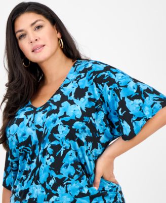 Plus Size Printed V-Neck Short-Sleeve Top, Macy's Exclusive
