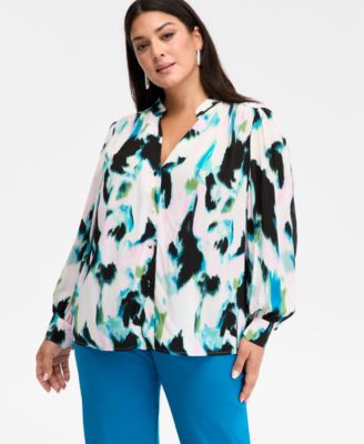 I.N.C. International Concepts - Plus Size Printed Pleated V-Neck Blouse