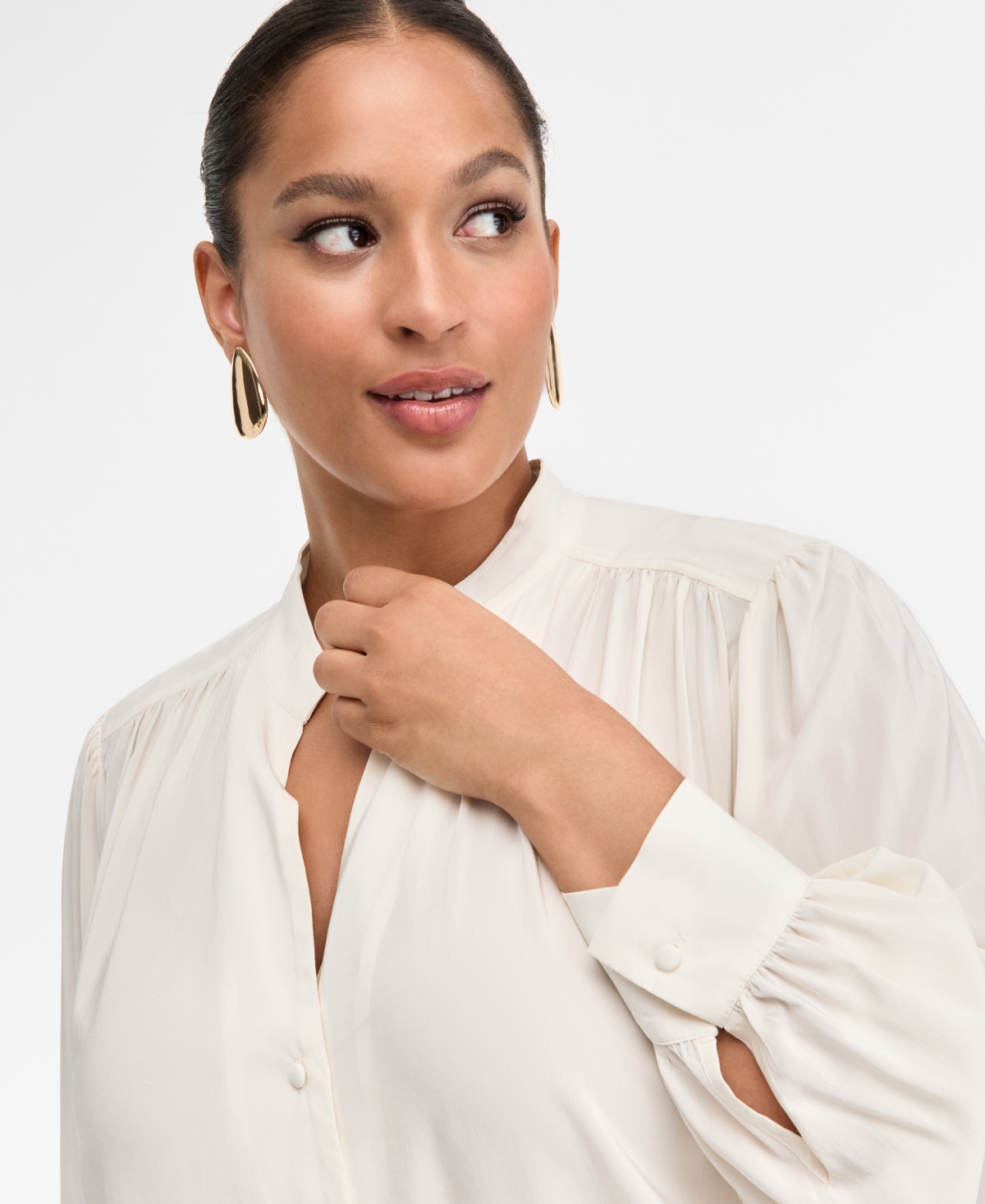 Inc International Concepts Plus Size Blouson-sleeve Button-front Shirt, Macy's Exclusive In White
