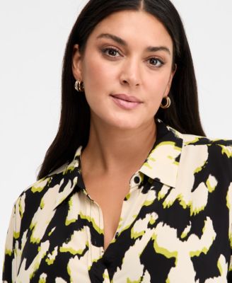 Plus Size Printed Blouson-Sleeve Button-Front Shirt, Macy's Exclusive