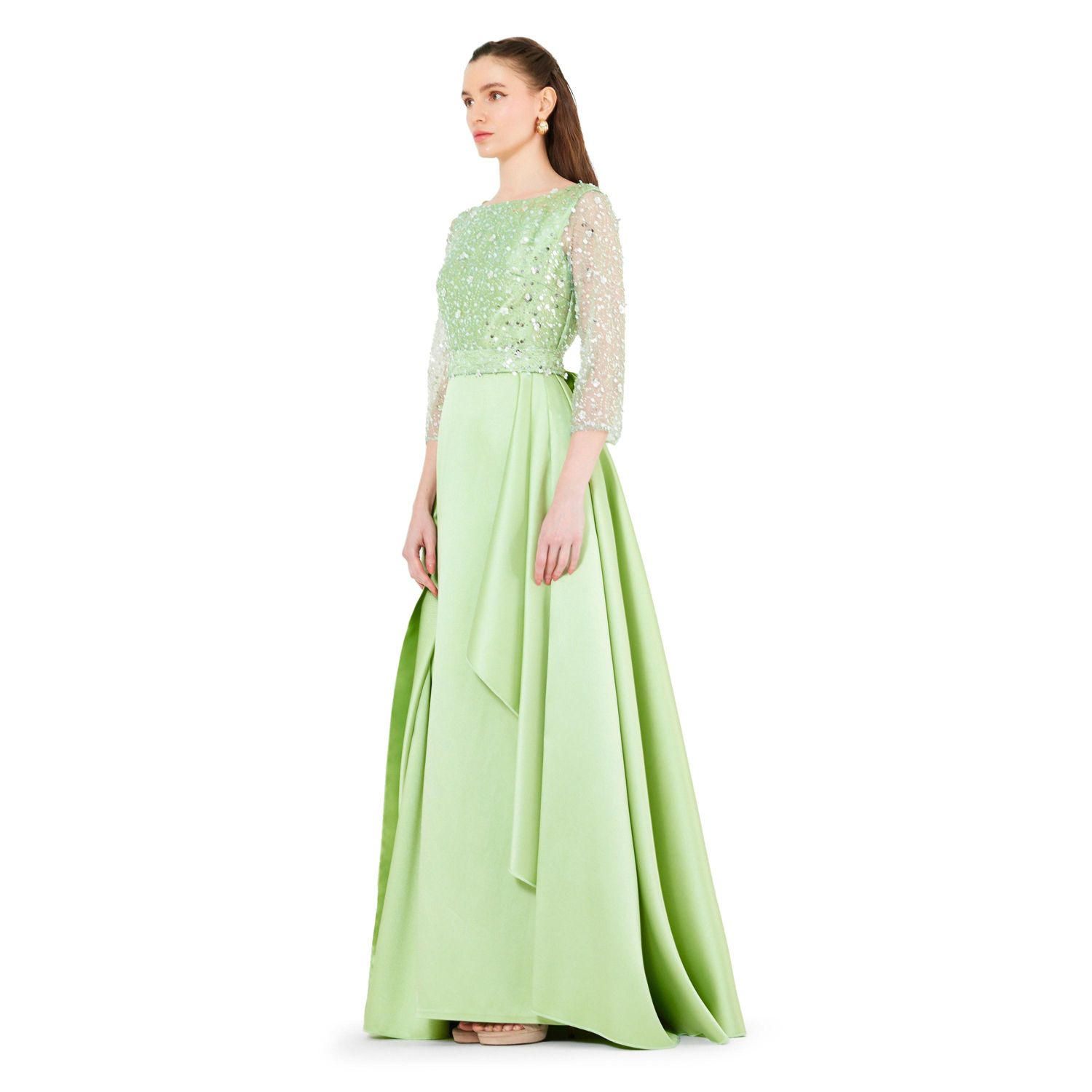 Beaded Bodice Column Gown with Cascading Train
