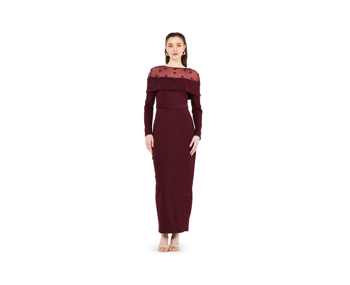 Hand Embellished Tulle Panel Bardot Dress - Burgundy
