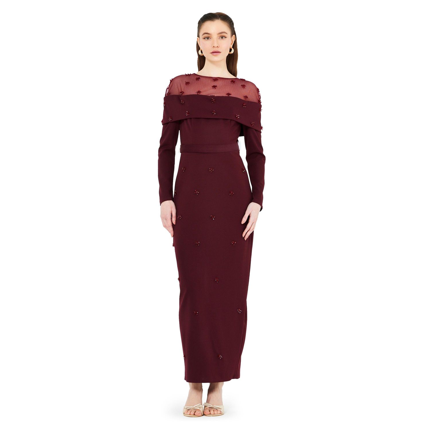 Hand Embellished Tulle Panel Bardot Dress