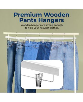 SereneLife 30 Pcs. Premium Wooden Pants Hangers - Heavy Duty Hanger Set with Chrome 360° Swivel Hook