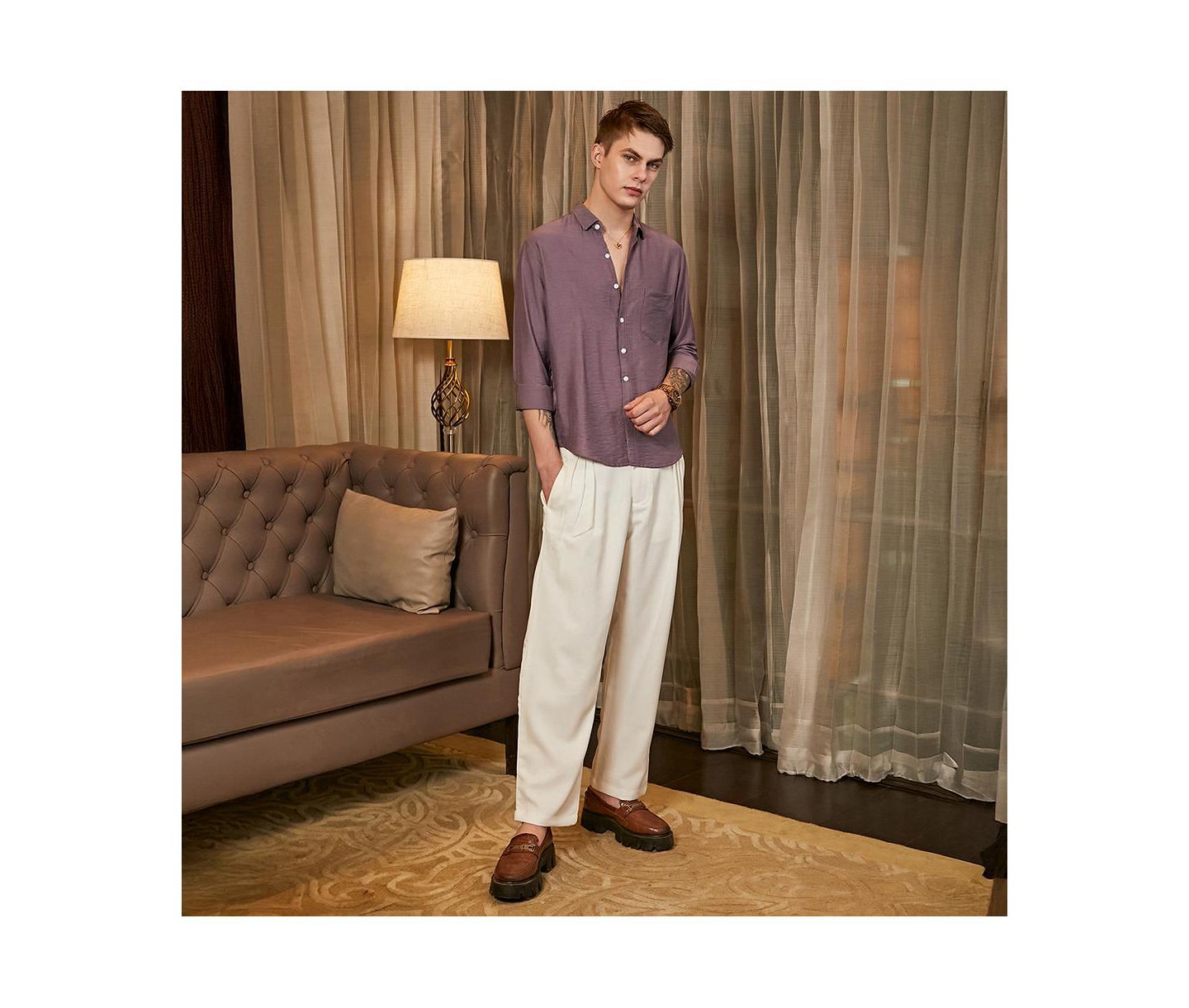 Мужская рубашка Cahoot Campus Sutra Grape Purple Breezy Wrinked Relaxed, цвет: Фиолетовый — фото 8