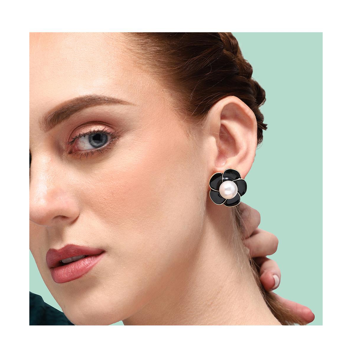Sohi Women's Pink Snowball Flower Stud Earrings In Black