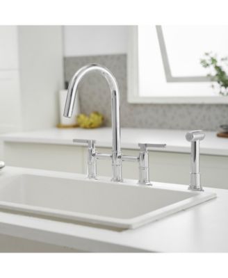 Double Handle 4-Holes Deck Mount Bridge Kitchen Faucet with Side Sprayer Sink Faucet