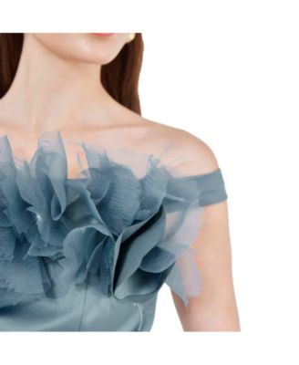 Women's Organza Floral Detail Pleated Satin Gown