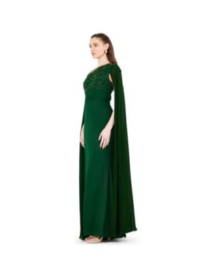 Women's Asymmetric Hand Embellished Cape Sleeve Gown