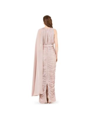 Asymmetric Cutout Ruched Dress With Single Cape Sleeve