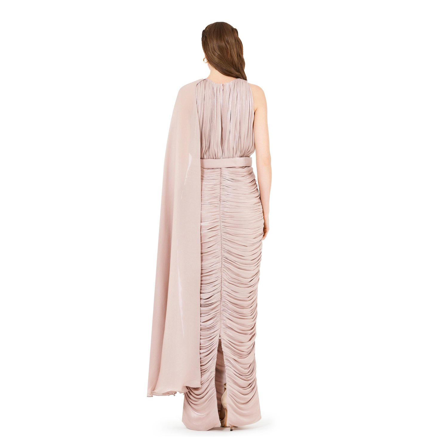 Asymmetric Cutout Ruched Dress With Single Cape Sleeve