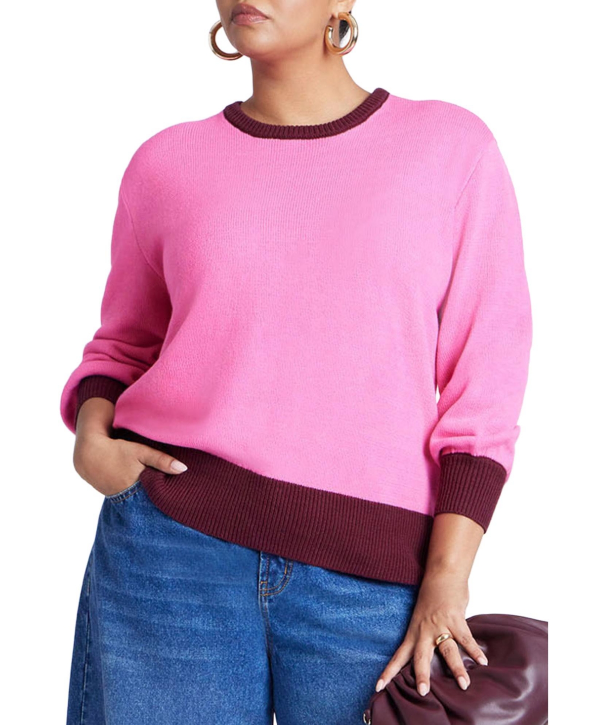 Women's Contrast Rib Sweater - Rain forest green mineral blue