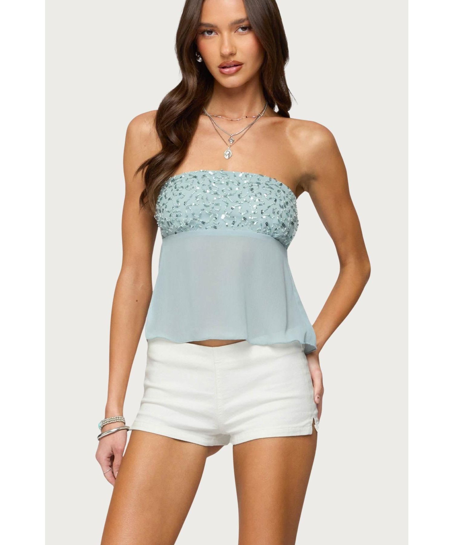 Women's Beadie Sheer Chiffon Strapless Top