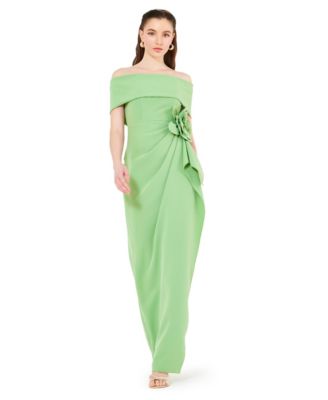 Bardot Neckline Floral Applique Pleated Gown