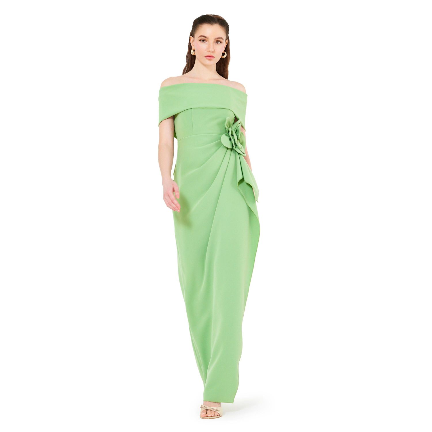 Bardot Neckline Floral Applique Pleated Gown