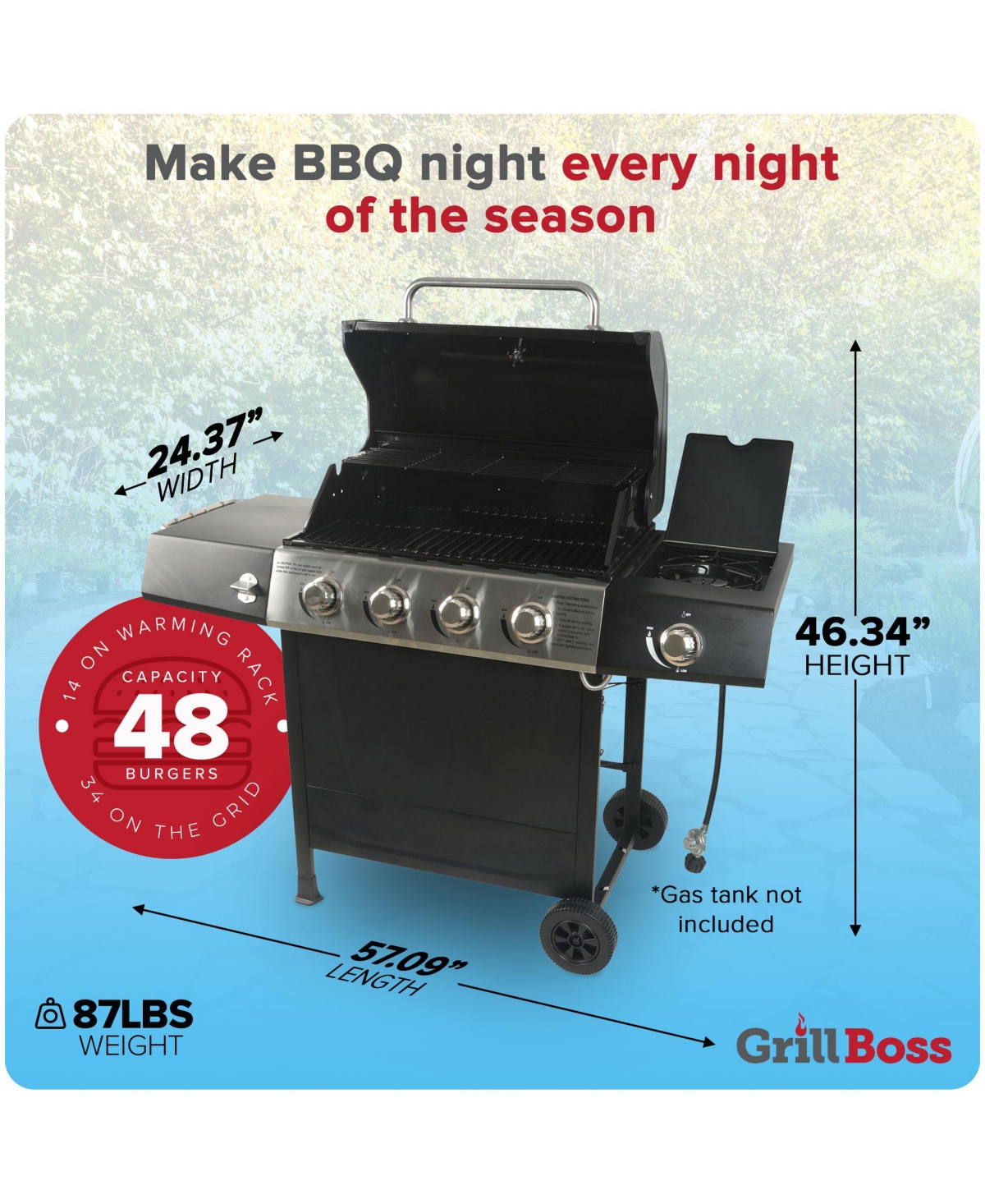 Grill Boss 4-Burner Gas Grill with Side Burner, Cover, Shelves, & Bottle Opener
