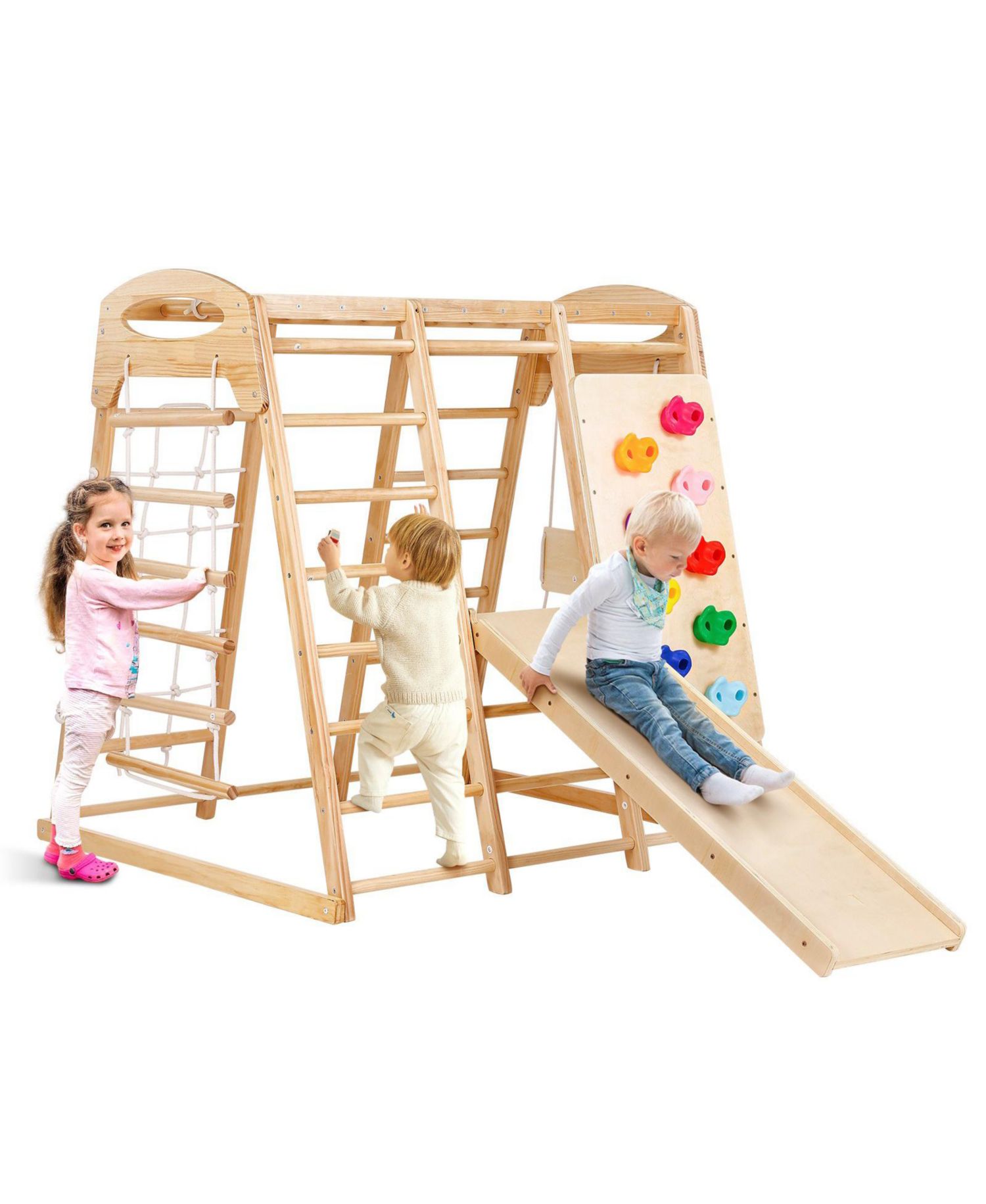 Toddler Indoor Playground 7-in-1, Wooden Climber with Rope Ladder, Slide & Swing